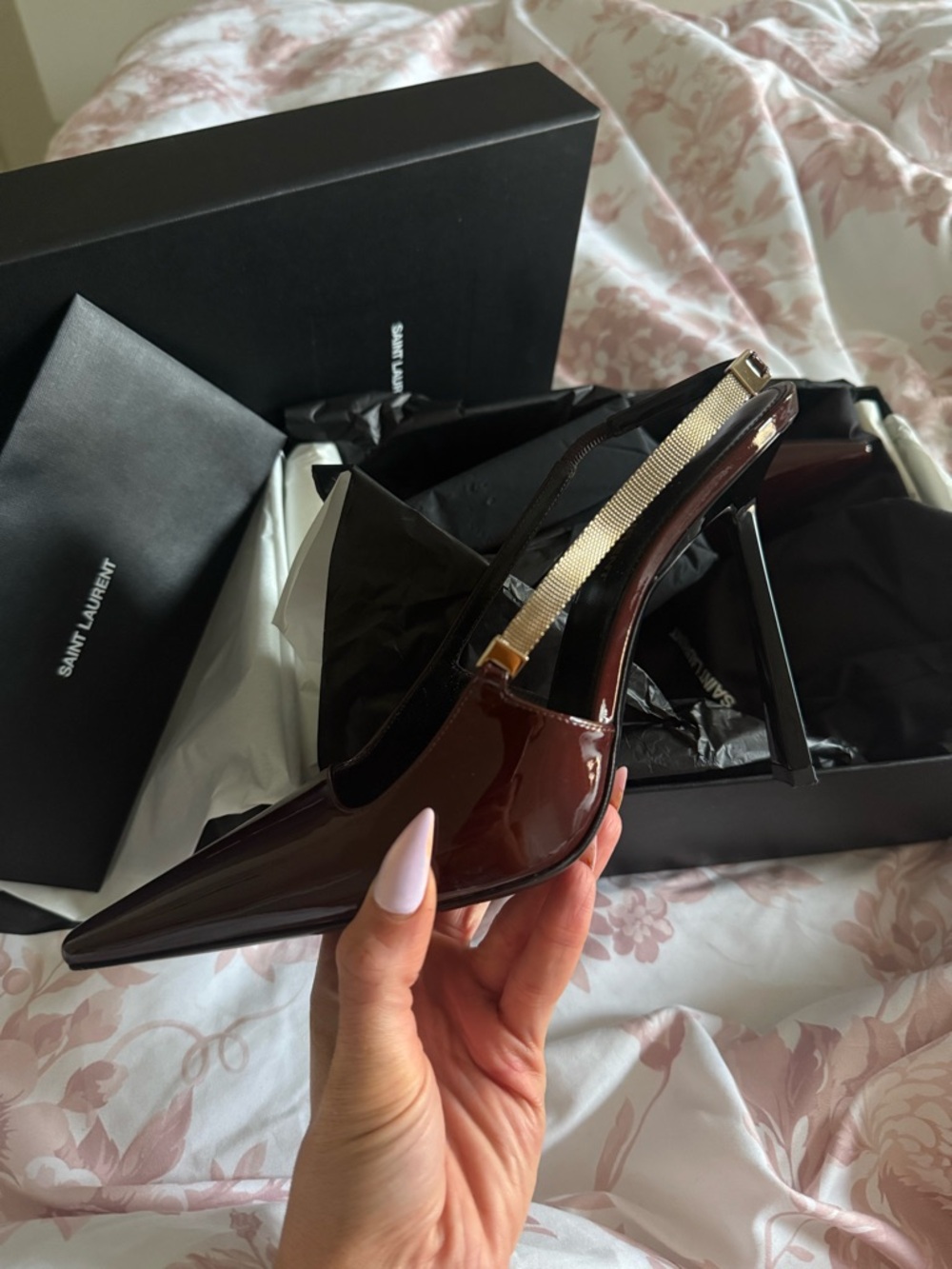 Saint Laurent Brown Patent Leather Slingback Pump with Gold Strap